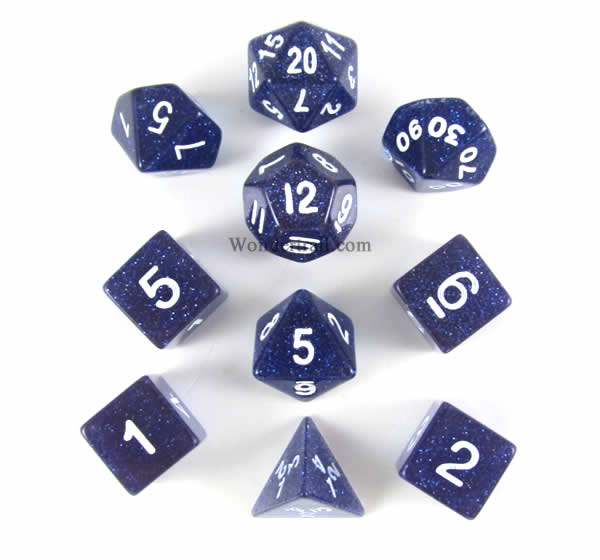 KOP10025 Blue Glitter Dice with White Numbers 16mm (5/8in) Set of 10 (ONLINE ORDER ONLY)