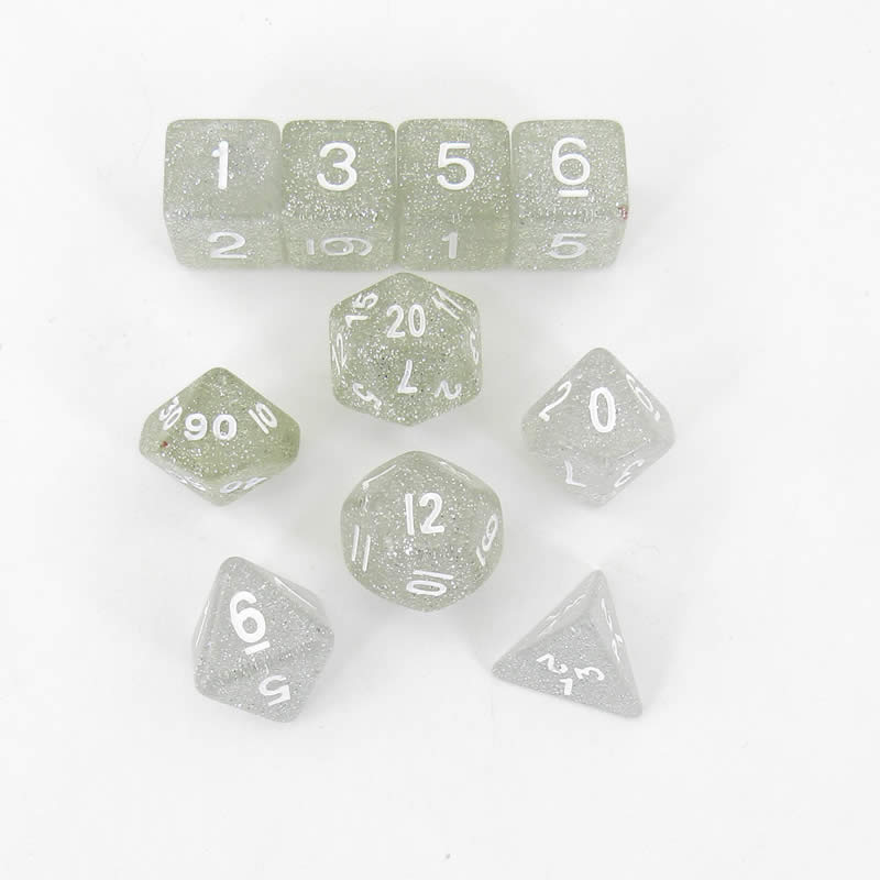 KOP10026 Clear Glitter Dice with White Numbers 16mm (5/8in) Set of 10 (ONLINE ORDER ONLY)
