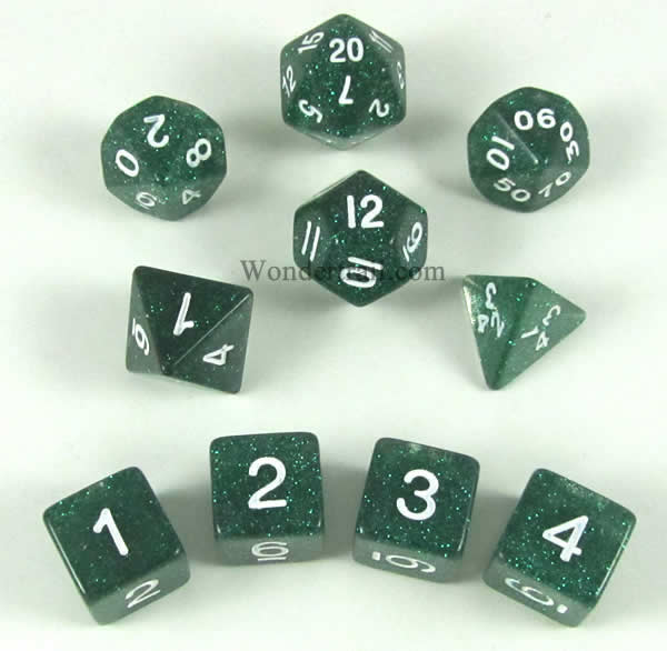 KOP10027 Green Glitter Dice with White Numbers 16mm (5/8in) Set of 10 (ONLINE ORDER ONLY)