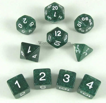 KOP10027 Green Glitter Dice with White Numbers 16mm (5/8in) Set of 10 (ONLINE ORDER ONLY)