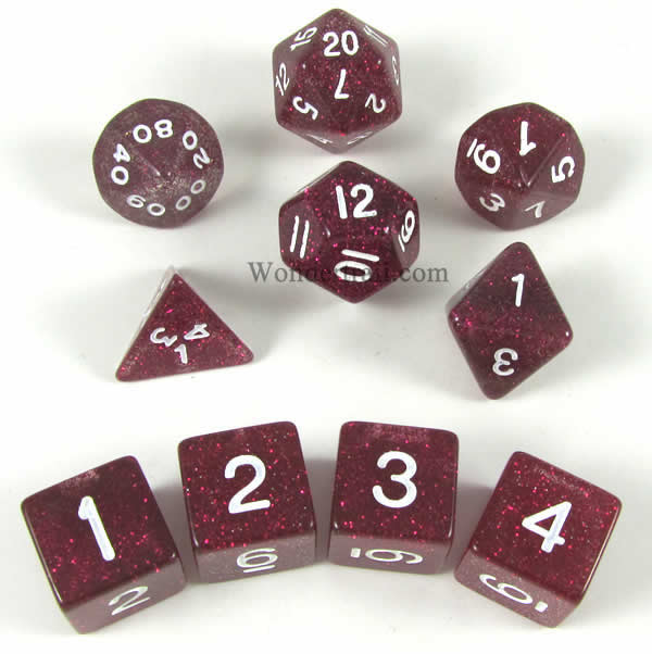 KOP10028 Purple Glitter Dice with White Numbers 16mm (5/8in) Set of 10 (ONLINE ORDER ONLY)