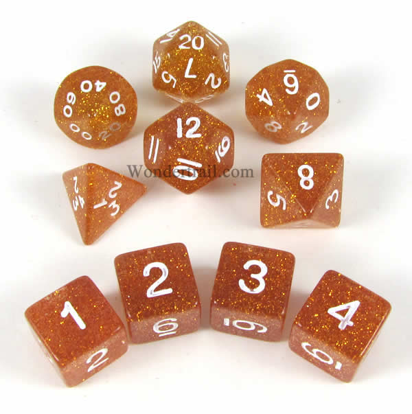 KOP10029 Yellow Glitter Dice with White Numbers 16mm (5/8in) Set of 10 (ONLINE ORDER ONLY)