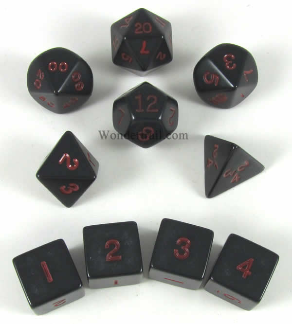 KOP10052 Black Opaque Dice with Red Numbers 16mm (5/8in) Set of 10 (ONLINE ORDER ONLY)