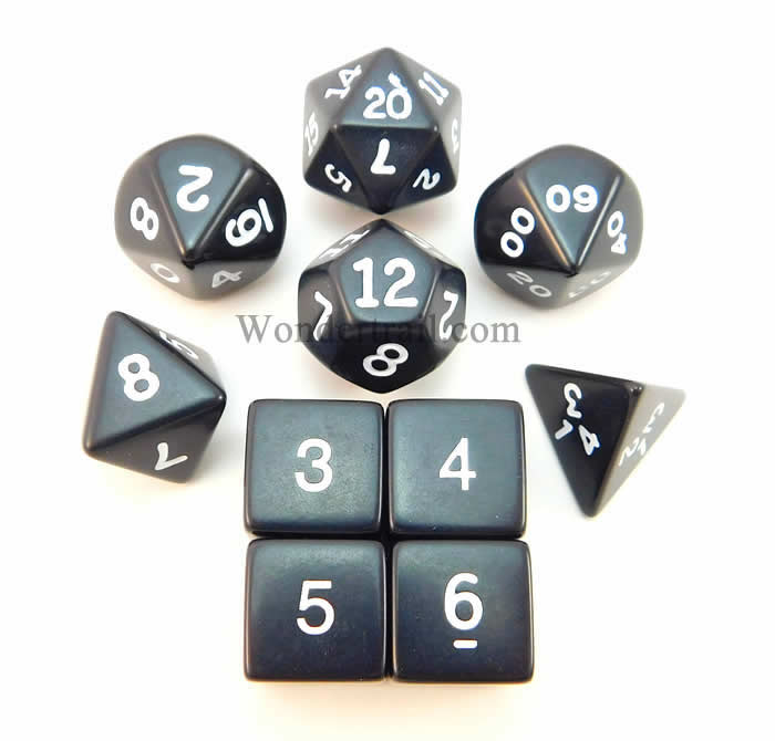KOP10053 Black Opaque Dice with White Numbers 16mm (5/8in) Set of 10 (ONLINE ORDER ONLY)