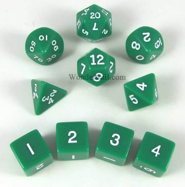KOP10055 Green Opaque Dice with White Numbers 16mm (5/8in) Set of 10 (ONLINE ORDER ONLY)