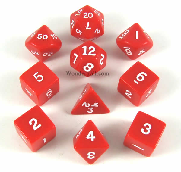 KOP10056 Red Opaque Dice with White Numbers 16mm (5/8in) Set of 10 (ONLINE ORDER ONLY)
