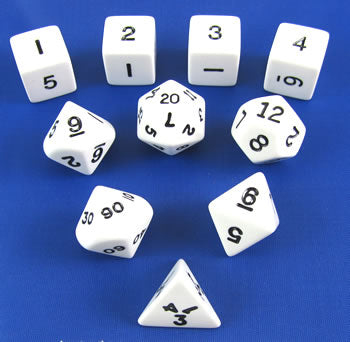 KOP10057 White Opaque Dice with Black Numbers 16mm (5/8in) Set of 10 (ONLINE ORDER ONLY)