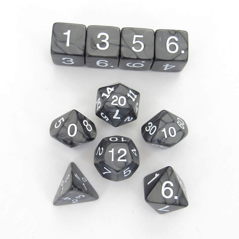 KOP10073 Charcoal Pearlized Dice White Numbers 16mm (5/8in) Set of 10 (ONLINE ORDER ONLY)