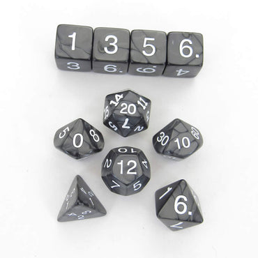 KOP10073 Charcoal Pearlized Dice White Numbers 16mm (5/8in) Set of 10 (ONLINE ORDER ONLY)