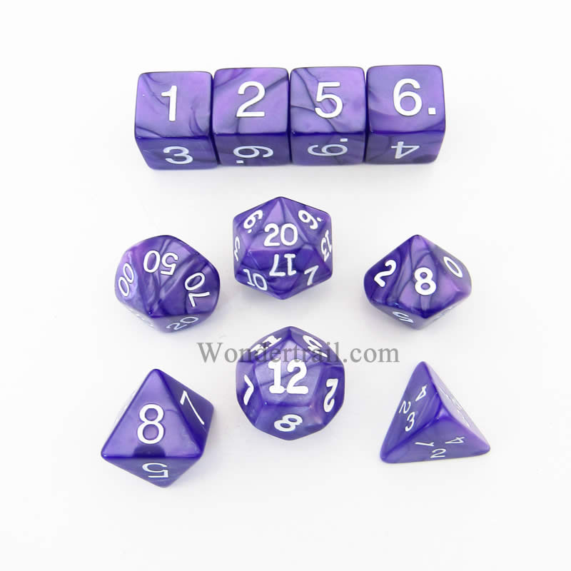 KOP10077 Purple Pearlized Dice with White Numbers 16mm (5/8in) Set of 10 (ONLINE ORDER ONLY)