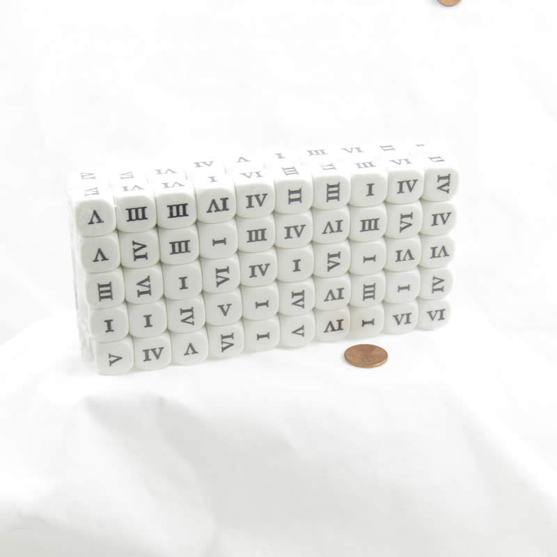 KOP10352 White Dice with Black Roman Numerals 1-6 16mm - 5/8 inch Pack of 100 (ONLINE ORDER ONLY)