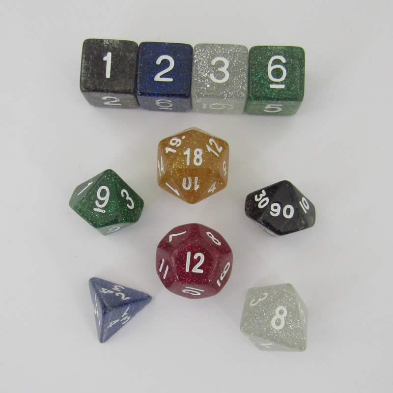 KOP10712 Assorted Glitter Dice with White Numbers 16mm (5/8in) Set of 10 (ONLINE ORDER ONLY)