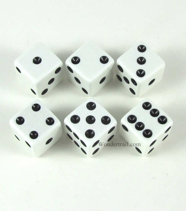 KOP10761 White Opaque Dice Black Pips D6 16mm (5/8in) Pack of 6 (ONLINE ORDER ONLY)