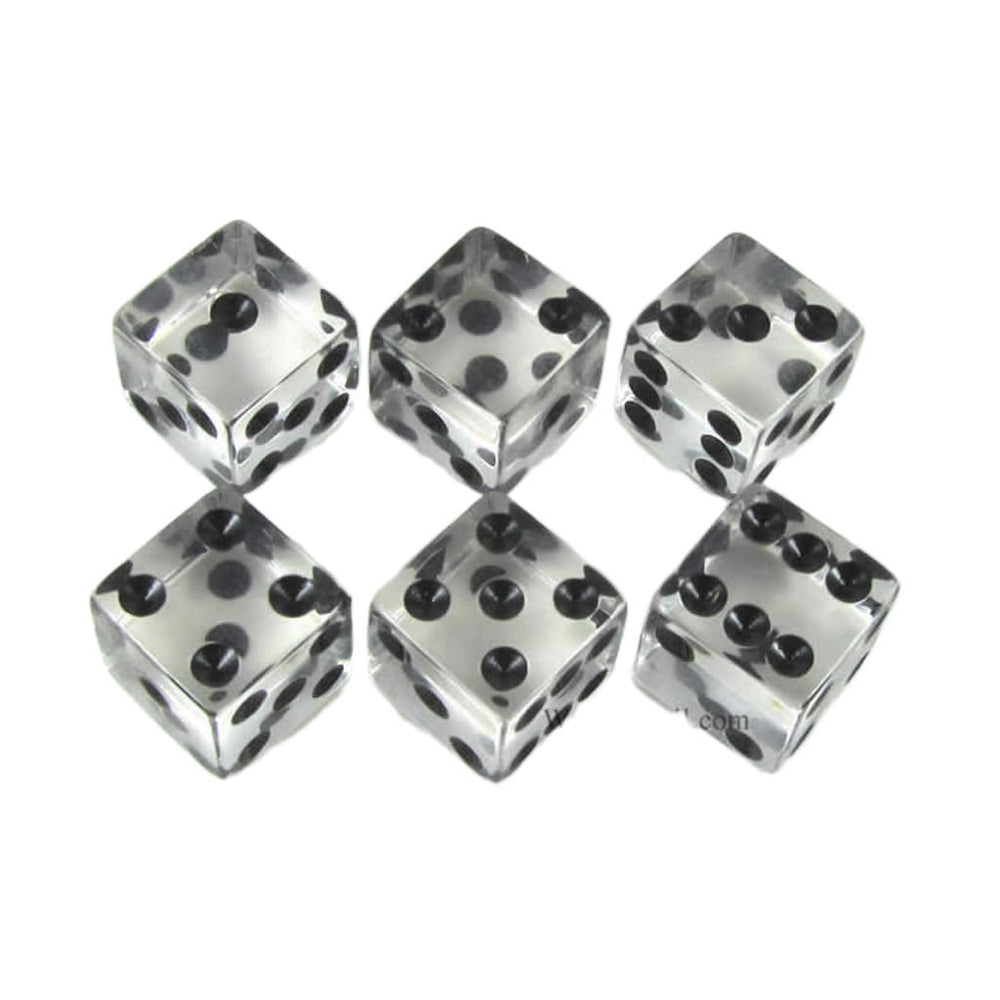 KOP10762 Clear Transparent Dice Black Pips D6 16mm (5/8in) Pack of 6 (ONLINE ORDER ONLY)