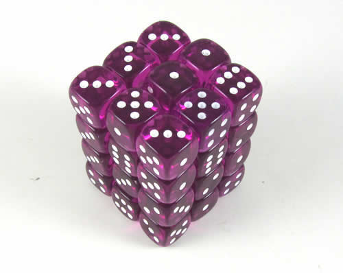 KOP10811 Magenta Transparent Deluxe Dice White Pips D6 12mm Pack of 36 (ONLINE ORDER ONLY)