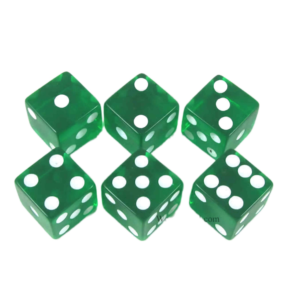 KOP10874 Green Transparent Dice with White Pips D6 16mm (5/8in) Pack of 6 Dice (ONLINE ORDER ONLY)