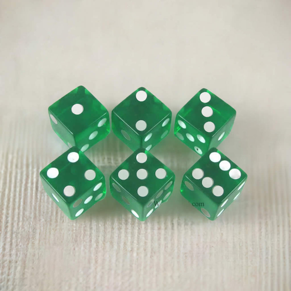 KOP10874 Green Transparent Dice with White Pips D6 16mm (5/8in) Pack of 6 Dice (ONLINE ORDER ONLY)