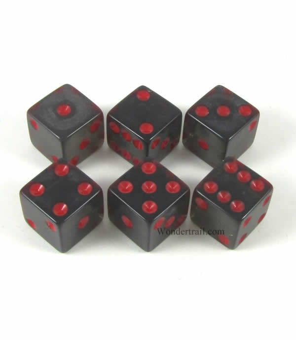 KOP10876 Smoke Transparent Dice Red Pips D6 16mm (5/8in) Pack of 6 (ONLINE ORDER ONLY)