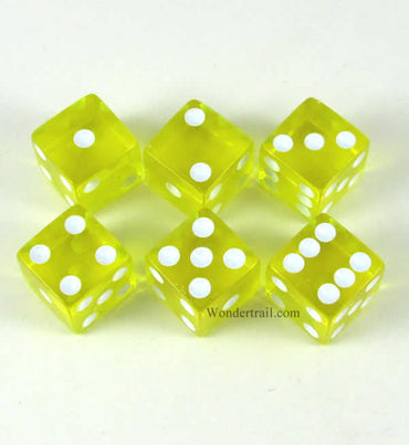 KOP10877 Yellow Transparent Dice White Pips D6 16mm (5/8in) Pack of 6 (ONLINE ORDER ONLY)