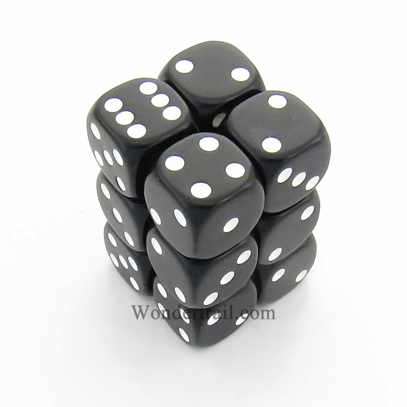 KOP10995 Black Opaque Dice with White Pips D6 16mm (5/8in) Pack of 12 (ONLINE ORDER ONLY)