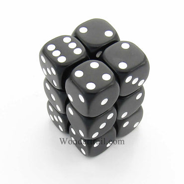KOP10995 Black Opaque Dice with White Pips D6 16mm (5/8in) Pack of 12 (ONLINE ORDER ONLY)