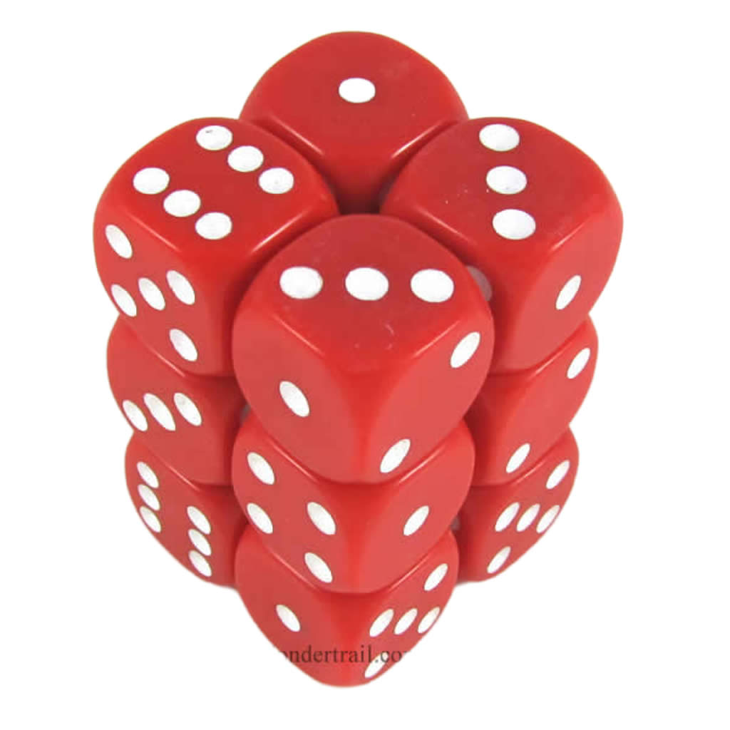 KOP11000 Red Opaque Dice with White Pips D6 16mm (5/8in) Pack of 12 (ONLINE ORDER ONLY)