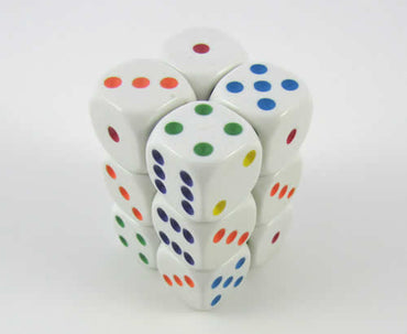 KOP11001 White Opaque Dice Multi-Colored Pips D6 16mm Pack of 12 (ONLINE ORDER ONLY)
