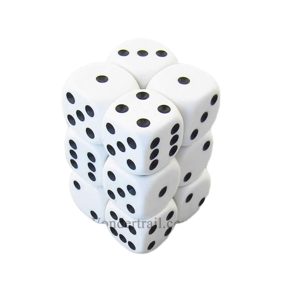 KOP11002 White Opaque Dice with Black Pips D6 16mm (5/8in) Pack of 12 Dice (ONLINE ORDER ONLY)