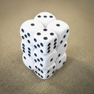 KOP11002 White Opaque Dice with Black Pips D6 16mm (5/8in) Pack of 12 Dice (ONLINE ORDER ONLY)