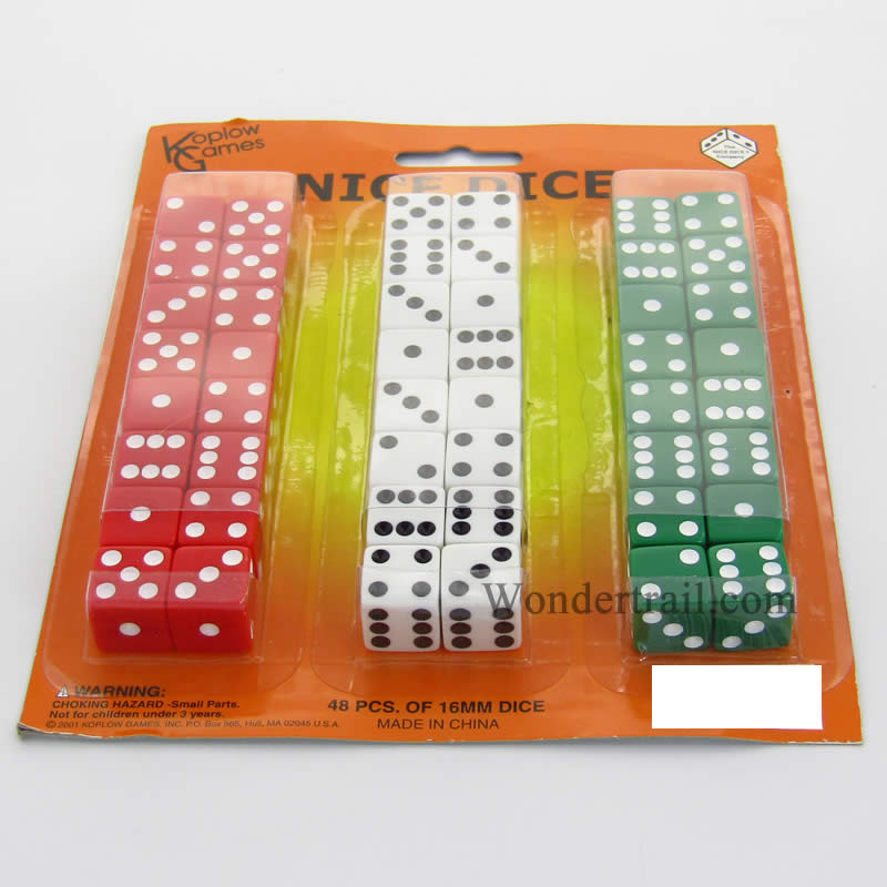 KOP11033 Assorted Opaque Dice with Pips D6 16mm (5/8in) Pack of 48 (ONLINE ORDER ONLY)