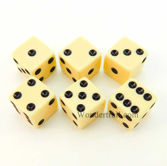 KOP11040 Ivory Opaque Dice with Black Pips D6 16mm (5/8in) Pack of 6 (ONLINE ORDER ONLY)