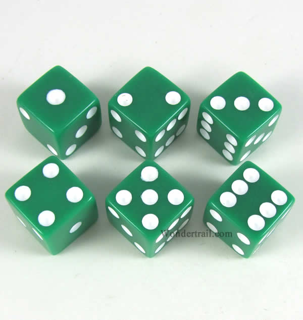 KOP11042 Green Opaque Dice with White Pips D6 16mm (5/8in) Pack of 6 (ONLINE ORDER ONLY)