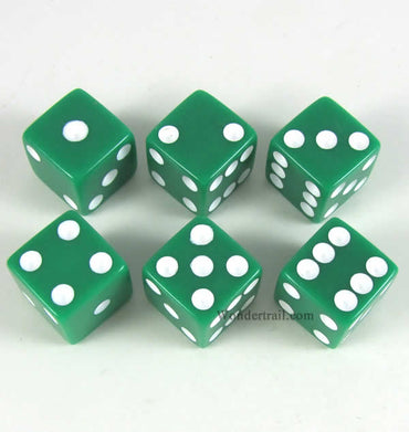 KOP11042 Green Opaque Dice with White Pips D6 16mm (5/8in) Pack of 6 (ONLINE ORDER ONLY)