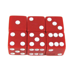 KOP11043 Red Opaque Dice with White Pips D6 16mm (5/8in) Pack of 6 (ONLINE ORDER ONLY)