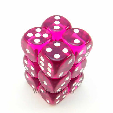 KOP11454 Magenta Transparent Deluxe Dice White Pips D6 16mm Pack of 12 (ONLINE ORDER ONLY)
