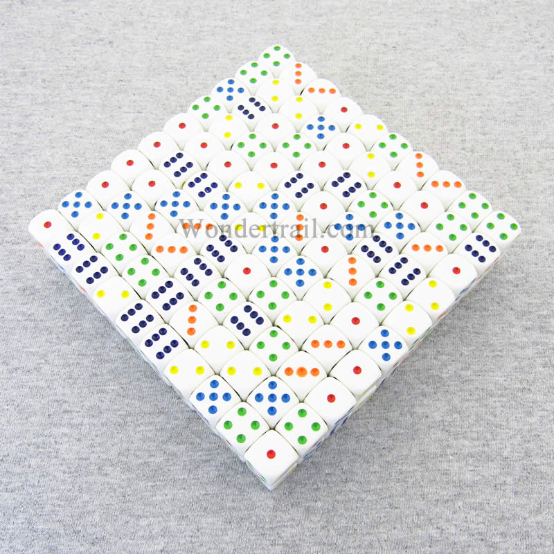 KOP11475 White Dice Multi-Colored Pips D6 16mm (5/8in) Bulk Pack of 200 (ONLINE ORDER ONLY)