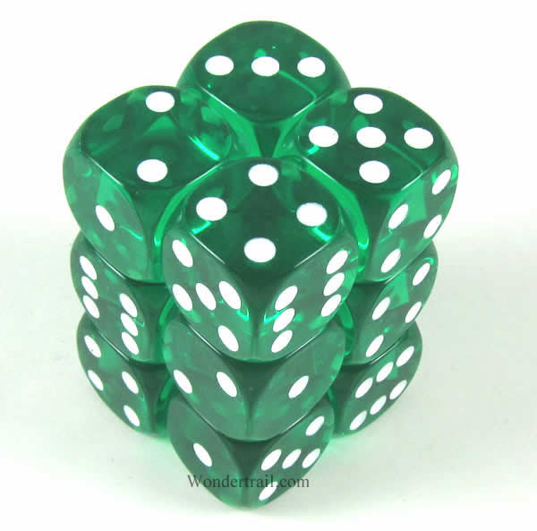 KOP11610 Green Transparent Dice White Pips D6 16mm (5/8in) Pack of 12 (ONLINE ORDER ONLY)