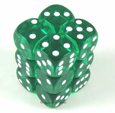 KOP11610 Green Transparent Dice White Pips D6 16mm (5/8in) Pack of 12 (ONLINE ORDER ONLY)