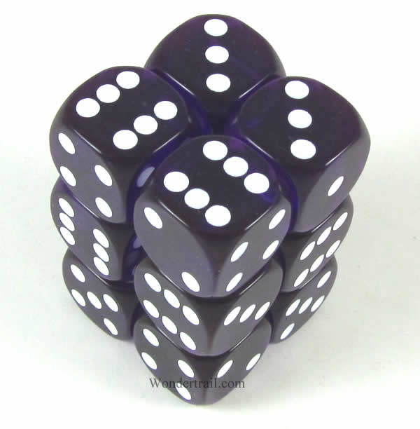 KOP11612 Purple Transparent Dice White Pips D6 16mm (5/8in) Pack of 12 (ONLINE ORDER ONLY)