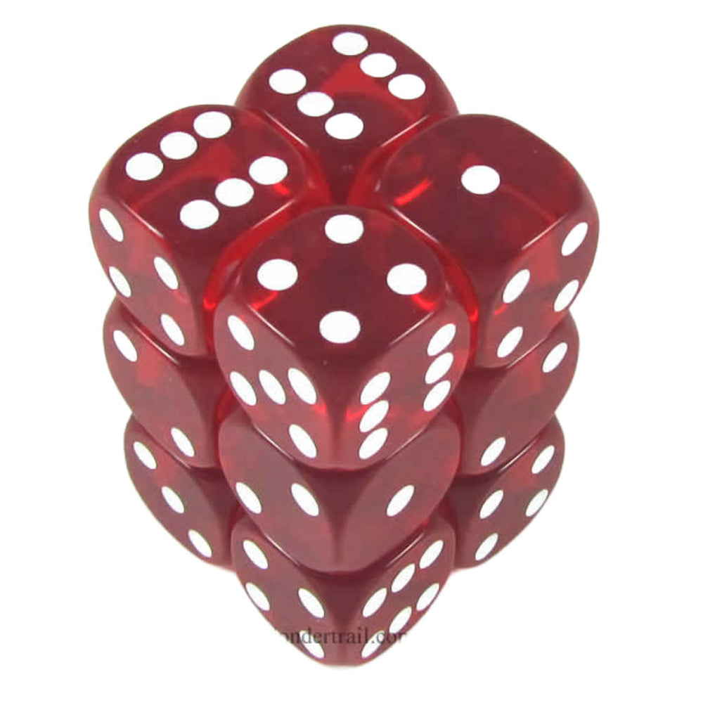 KOP11613 Red Transparent Dice with White Pips D6 16mm (5/8in) Pack of 12 Dice (ONLINE ORDER ONLY)
