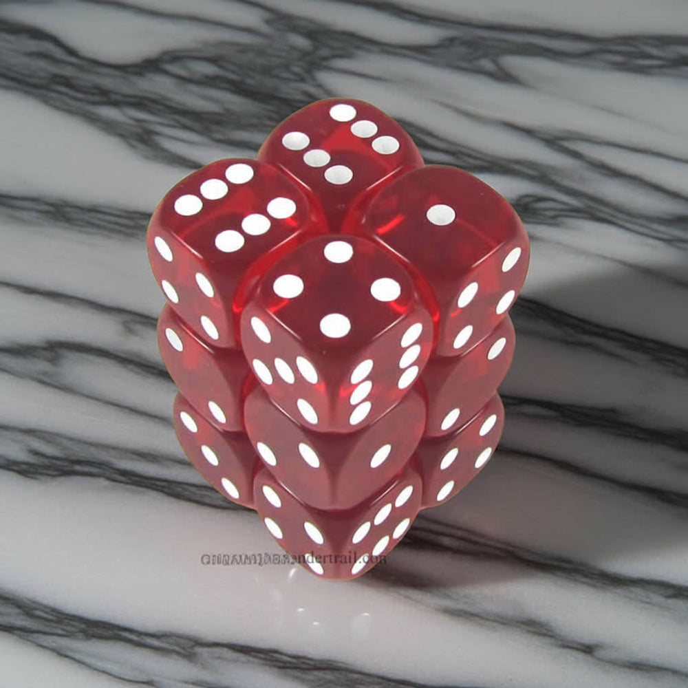 KOP11613 Red Transparent Dice with White Pips D6 16mm (5/8in) Pack of 12 Dice (ONLINE ORDER ONLY)