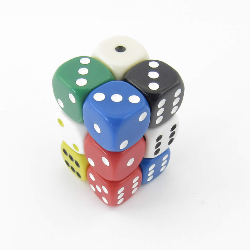 KOP11637 Assorted Opaque Dice with Pips D6 16mm (5/8in) Pack of 12 (ONLINE ORDER ONLY)