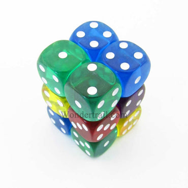 KOP11688 Assorted Transparent Dice with White Pips D6 16mm (5/8in) Pack of 12 Koplow Games (ONLINE ORDER ONLY)