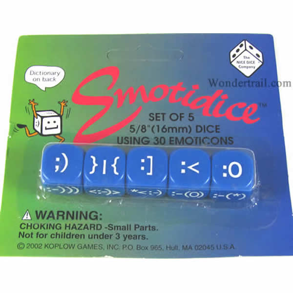 KOP11776 Emotidice Blue Dice White Emoticons D6 16mm (5/8in) Pack of 5 (ONLINE ORDER ONLY)