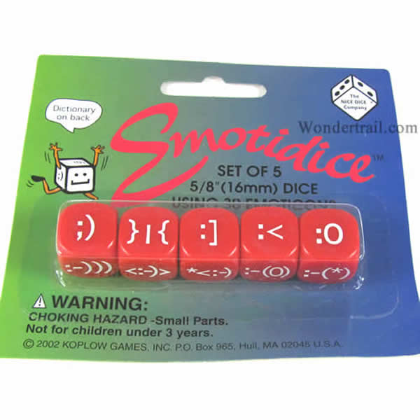 KOP11778 Emotidice Red Dice White Emoticons D6 16mm (5/8in) Pack of 5 (ONLINE ORDER ONLY)