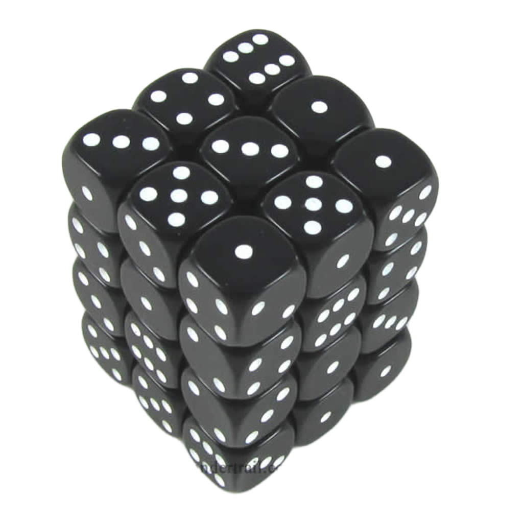 KOP11976 Black Opaque Dice with White Pips D6 12mm (1/2in) Pack of 36 (ONLINE ORDER ONLY)