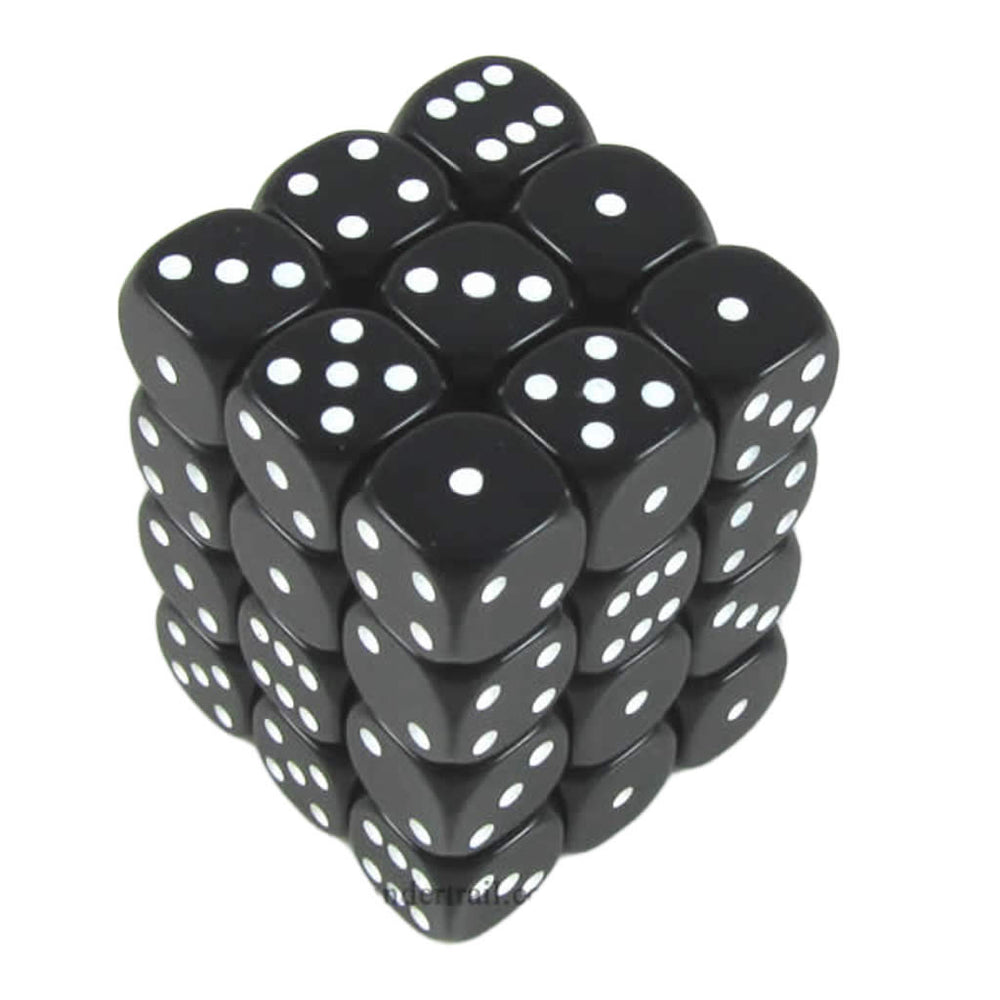 KOP11976 Black Opaque Dice with White Pips D6 12mm (1/2in) Pack of 36 (ONLINE ORDER ONLY)