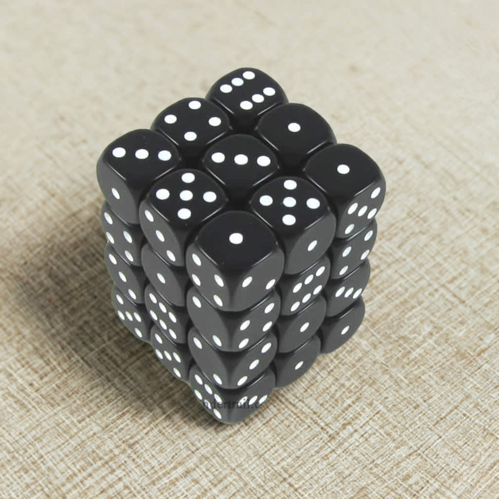KOP11976 Black Opaque Dice with White Pips D6 12mm (1/2in) Pack of 36 (ONLINE ORDER ONLY)