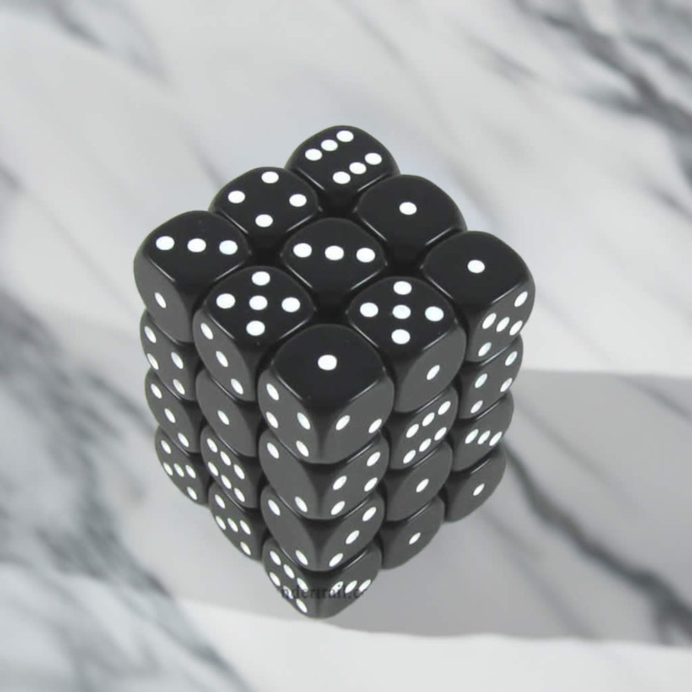 KOP11976 Black Opaque Dice with White Pips D6 12mm (1/2in) Pack of 36 (ONLINE ORDER ONLY)