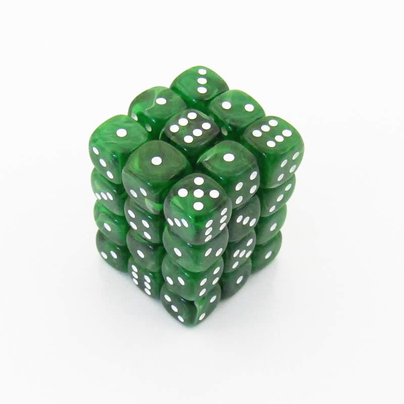 KOP11995 Green Marbleized Dice with White Pips D6 12mm (1/2in) Pack of 36 (ONLINE ORDER ONLY)